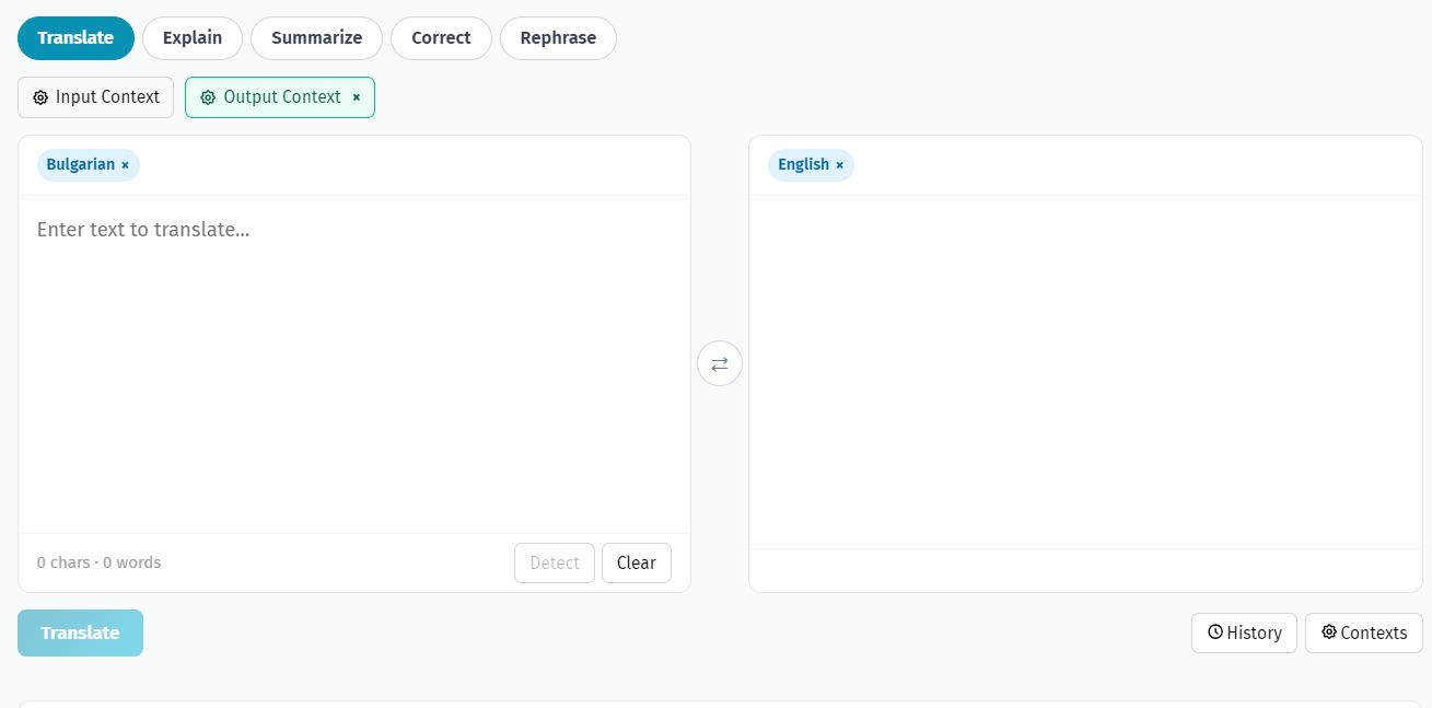 Pracovní prostor YEB Translate s kontextově-uvědomělým překladem